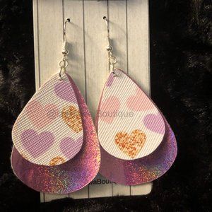 Hearts & Pink Metallic Double Layer Faux Leather Earring ER2631 Handmade NWT